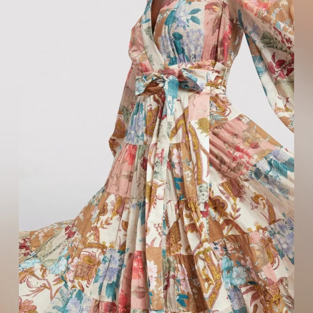 ZIMMERMANN Cassia Patchwork Floral Print Wrap Midi Dress - Picture 4 of 14